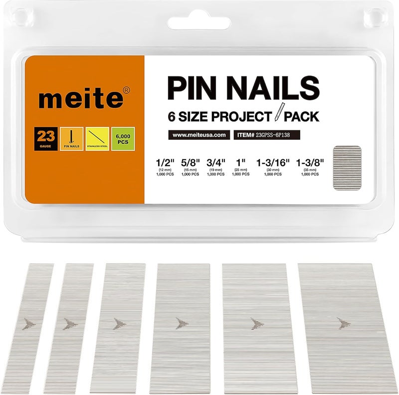 Meite 23 Gauge Stainless Steel Nails, Assorted 6 Sizes (1/2", 5/8", 3/4", 1", 1-3/16", 1-3/8") 304 Stainless Steel Headless Nails - Micro 23GA Nails for Nail Gun - Image 1